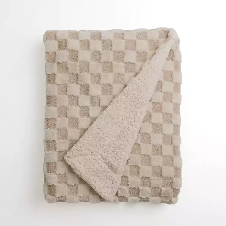 Taupe Faux Fur and Boucle Checkerboard Throw Blankets & Throws