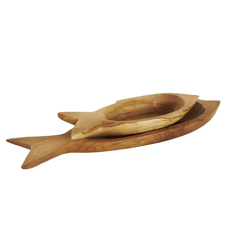 Best Teak Wood Carved Fish Trays, Set of 2 Decorative Trays