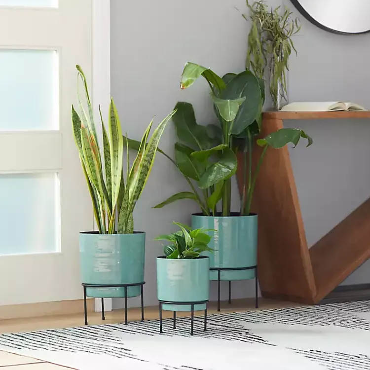 Kirklands Home Planters|Teal Metal Round Planters with Stands, Set of 3 Blue
