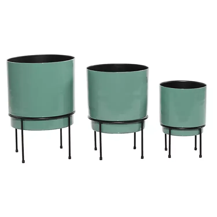 Kirklands Home Planters|Teal Metal Round Planters with Stands, Set of 3 Blue