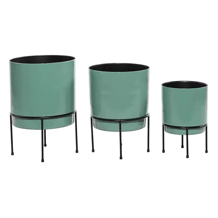 Kirklands Home Planters|Teal Metal Round Planters with Stands, Set of 3 Blue