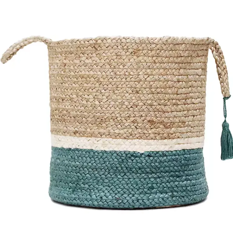 Hot Teal Off White Woven Basket with Tassel, 17 in. Baskets & Boxes