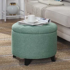 Kirklands Home Benches & Ottomans|Teal Upholstered Eliza Round Storage Ottoman Blue