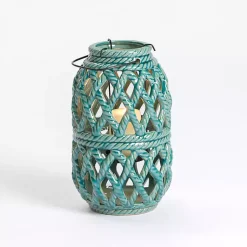 Sale Turquoise Woven Stoneware Coastal Lantern, 10 in. Lanterns