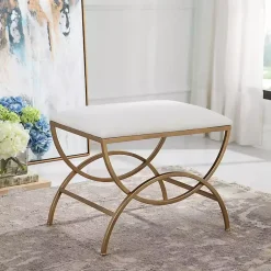 Kirklands Home Benches & Ottomans|Upholstered Gold Metal Arched Frame Bench White