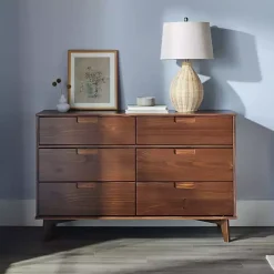 Kirklands Home Dressers & Chests|Walnut Grooved Handle 6-Drawer Dresser Brown