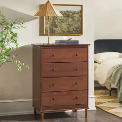 Kirklands Home Dressers & Chests|Walnut Mid-Century Modern 4-Drawer Wood Dresser Brown