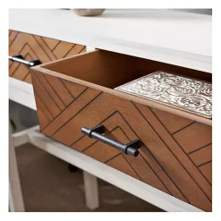 Kirklands Home Console Tables|White and Brown Herringbone Console Table