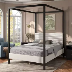 Kirklands Home Beds & Headboards|White Boucle Upholstered Black Canopy Queen Bed