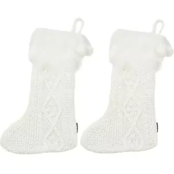 Hot Cable Knit Stockings with Fur Trim, Set of 2 Christmas Stockings & Stocking Holders