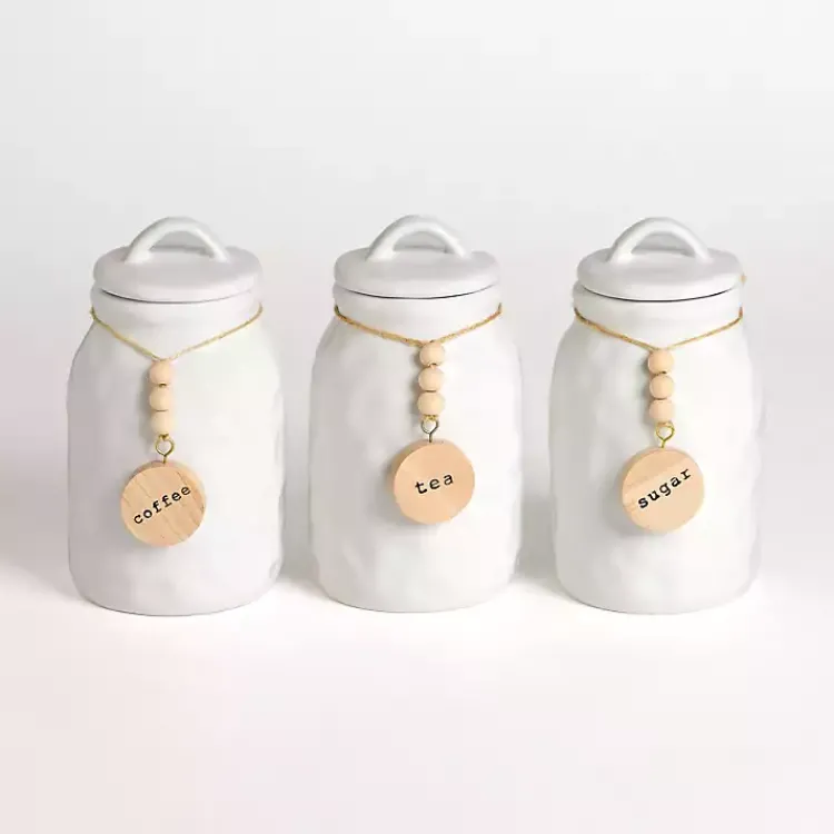 Kirklands Home Kitchen Storage|Ceramic Wood Bead Canisters, Set of 3 White