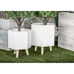 Kirklands Home Planters|Clay and Wood Hexagon Planters, Set of 2 White