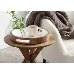 Outlet White Enameled Round Mango Wood Tray Decorative Trays