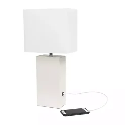 Kirklands Home Table Lamps|Faux Leather Charging Table Lamp White