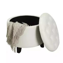 Kirklands Home Benches & Ottomans|Faux Leather Eliza Round Storage Ottoman White