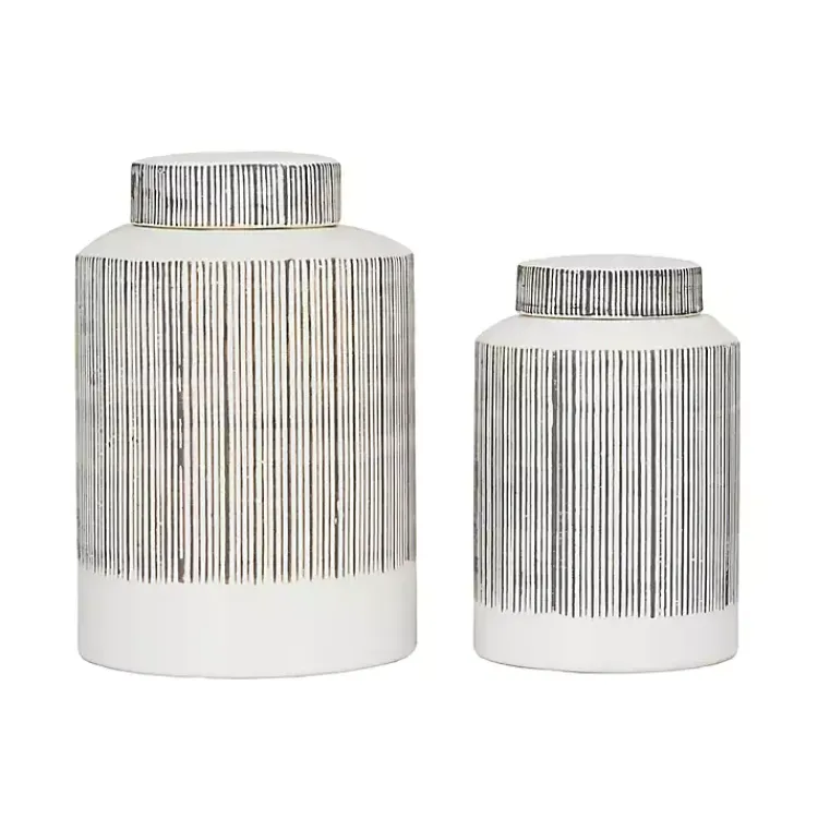New White Lined Ceramic Jars, Set of 2 Decorative Bowls & Jars