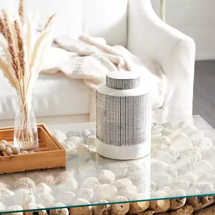 New White Lined Ceramic Jars, Set of 2 Decorative Bowls & Jars