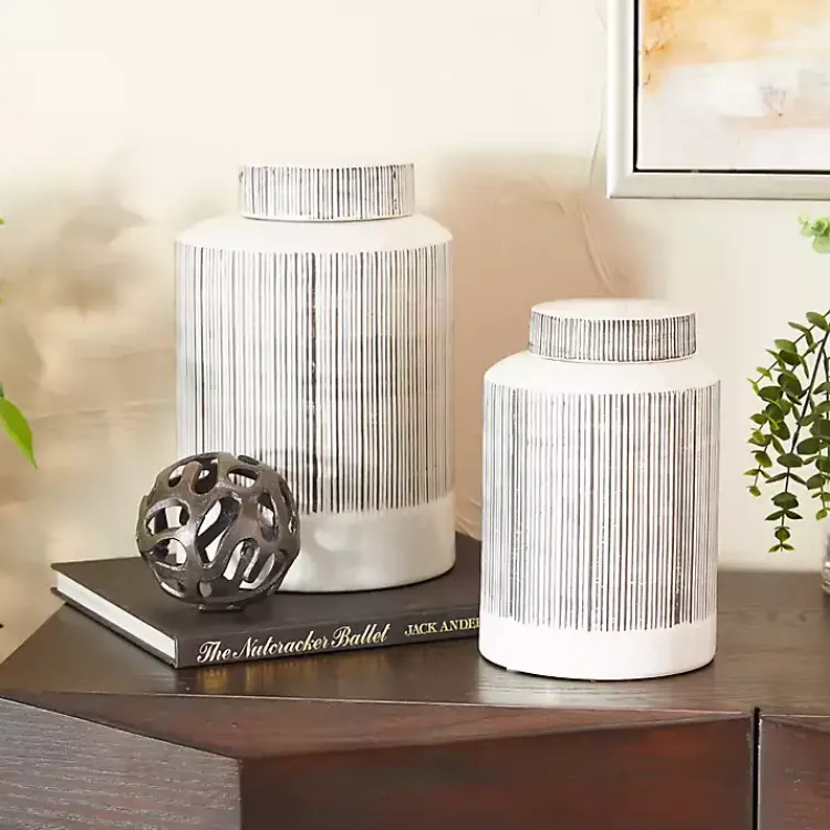 New White Lined Ceramic Jars, Set of 2 Decorative Bowls & Jars