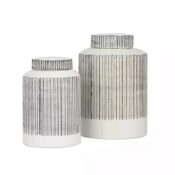 New White Lined Ceramic Jars, Set of 2 Decorative Bowls & Jars