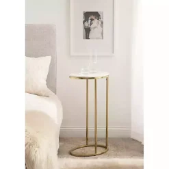 Kirklands Home Accent & End Tables|Marble and Gold Oval C-Shape Accent Table White