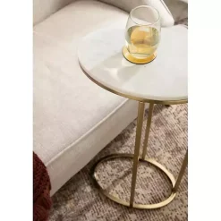Kirklands Home Accent & End Tables|Marble and Gold Oval C-Shape Accent Table White