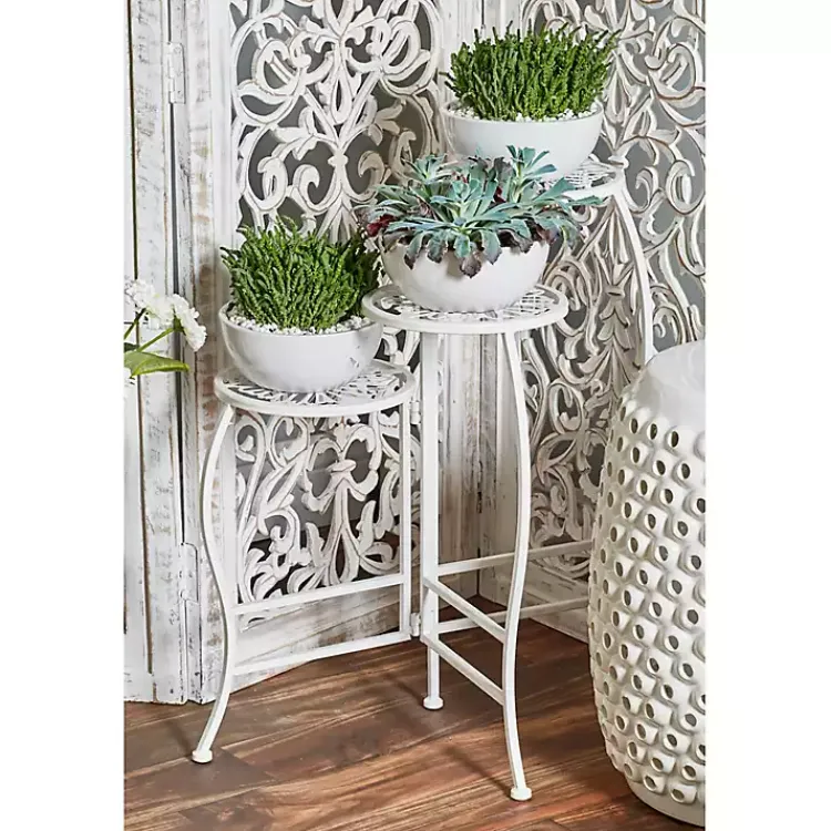 Kirklands Home Planters|Metal Floral 3-Tier Plant Stand White