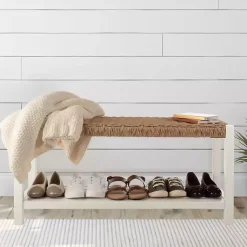 Kirklands Home Benches & Ottomans|White Newport Wood and Rattan Bench with Shelf Brown