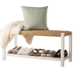 Kirklands Home Benches & Ottomans|White Newport Wood and Rattan Bench with Shelf Brown