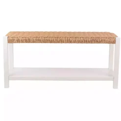Kirklands Home Benches & Ottomans|White Newport Wood and Rattan Bench with Shelf Brown