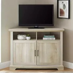Kirklands Home Tv Stands & Media Consoles|White Oak Grooved Door Corner TV Stand Ivory
