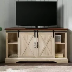 Kirklands Home Tv Stands & Media Consoles|White Oak Sliding Barn Doors Corner TV Stand Ivory