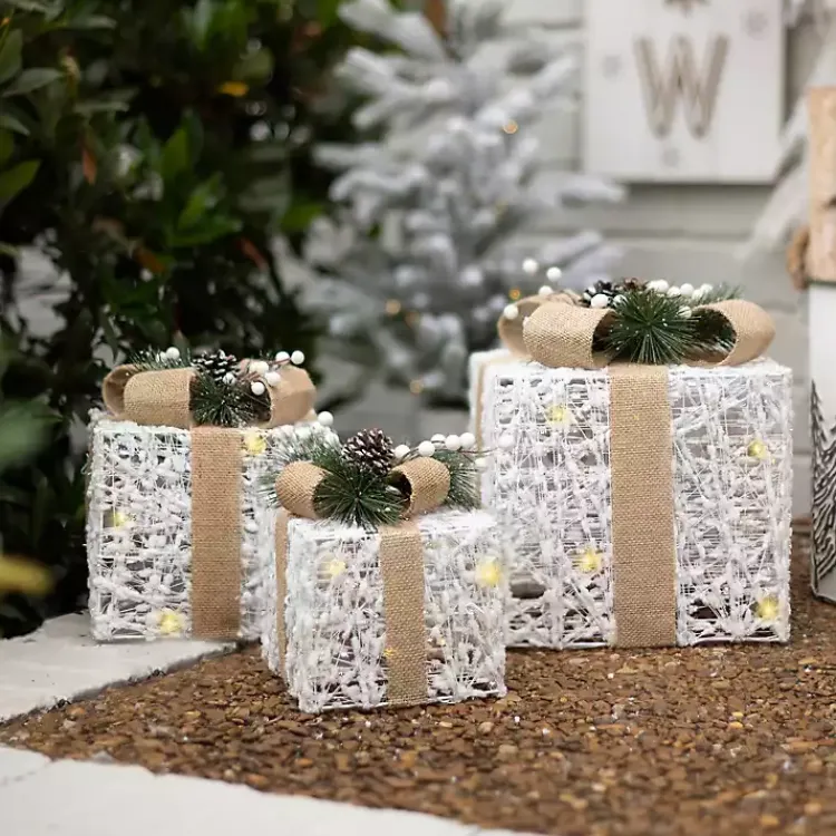 Clearance White Pre-Lit Tan Bow Gift Box, 10 in. Outdoor Christmas Decorations