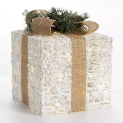 Clearance White Pre-Lit Tan Bow Gift Box, 10 in. Outdoor Christmas Decorations