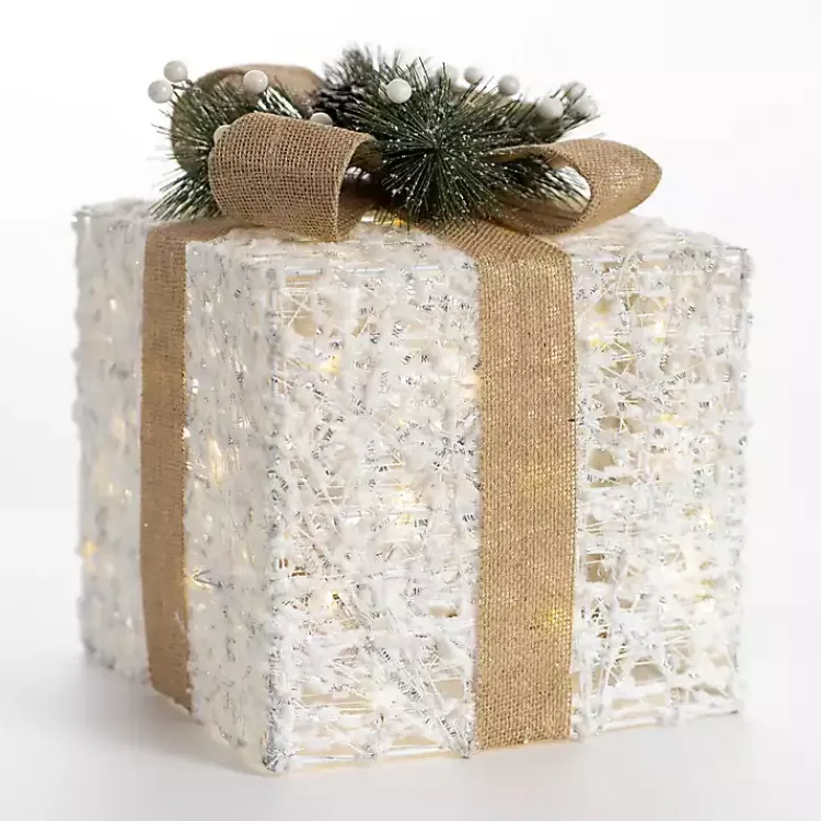 Clearance White Pre-Lit Tan Bow Gift Box, 10 in. Outdoor Christmas Decorations