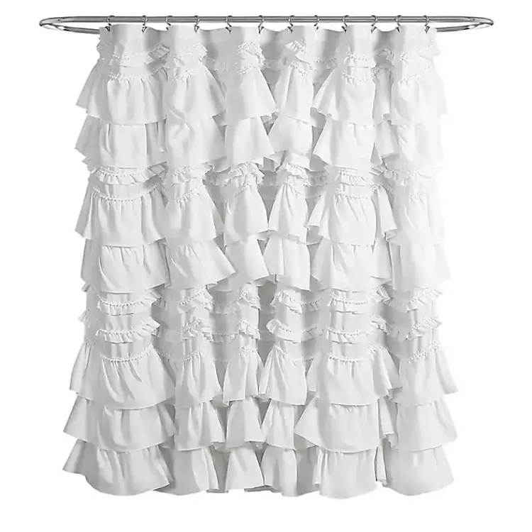 Kirklands Home Shower Curtains|Ruffle and Pom Pom Trim Shower Curtain White