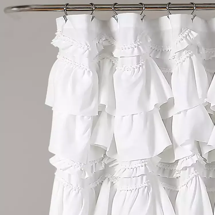 Kirklands Home Shower Curtains|Ruffle and Pom Pom Trim Shower Curtain White