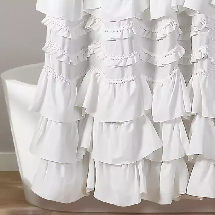 Kirklands Home Shower Curtains|Ruffle and Pom Pom Trim Shower Curtain White