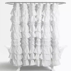 Kirklands Home Shower Curtains|Ruffle and Pom Pom Trim Shower Curtain White