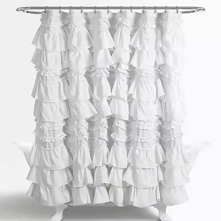 Kirklands Home Shower Curtains|Ruffle and Pom Pom Trim Shower Curtain White