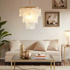 Kirklands Home Chandeliers & Pendant Lighting|Shell and Gold Metal Layered Chandelier White