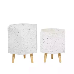 Kirklands Home Planters|Speckled Planters with Wooden Legs, Set of 2 White
