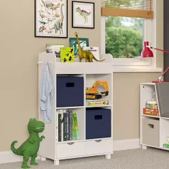 Kirklands Home Bookshelves|Storage Cabinet Bookshelf with 2 Navy Bins White