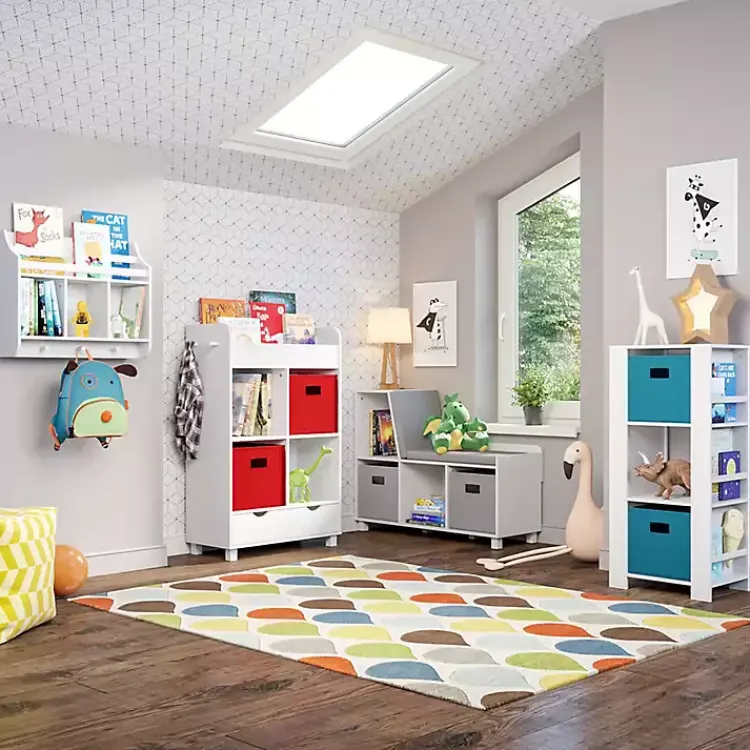 Kirklands Home Bookshelves|Storage Cabinet Bookshelf with 2 Navy Bins White