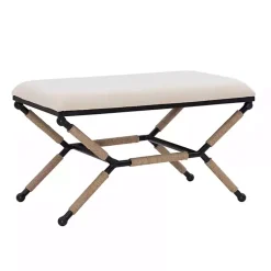 Kirklands Home Dining Chairs|White Upholstered and Wrapped Rope Metal Bench