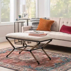 Kirklands Home Dining Chairs|White Upholstered and Wrapped Rope Metal Bench