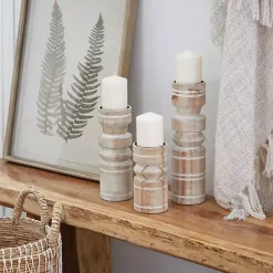 Sale White Washed Wood Column Candle Holders, Set of 3 Candle Holders