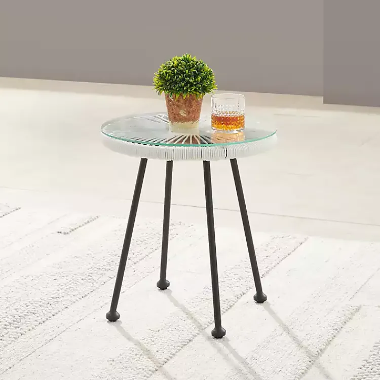 Kirklands Home Outdoor Tables|Wicker and Glass Top Outdoor Side Table White