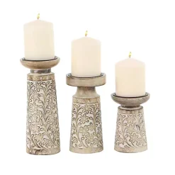 Outlet Whitewash Floral Mango Candlesticks, Set of 3 Candle Holders