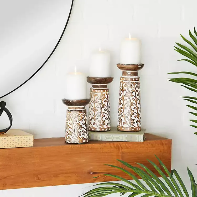 Outlet Whitewash Floral Mango Candlesticks, Set of 3 Candle Holders