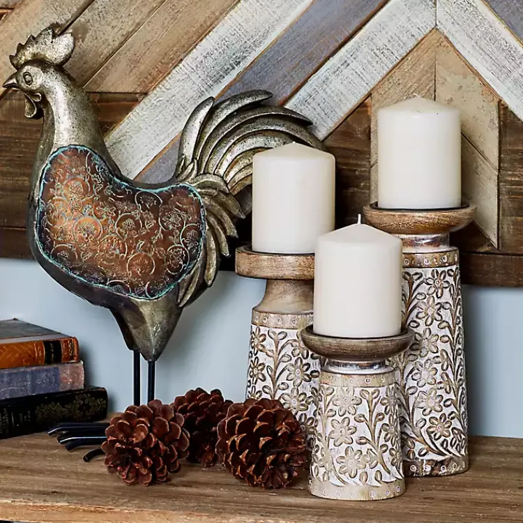 Outlet Whitewash Floral Mango Candlesticks, Set of 3 Candle Holders